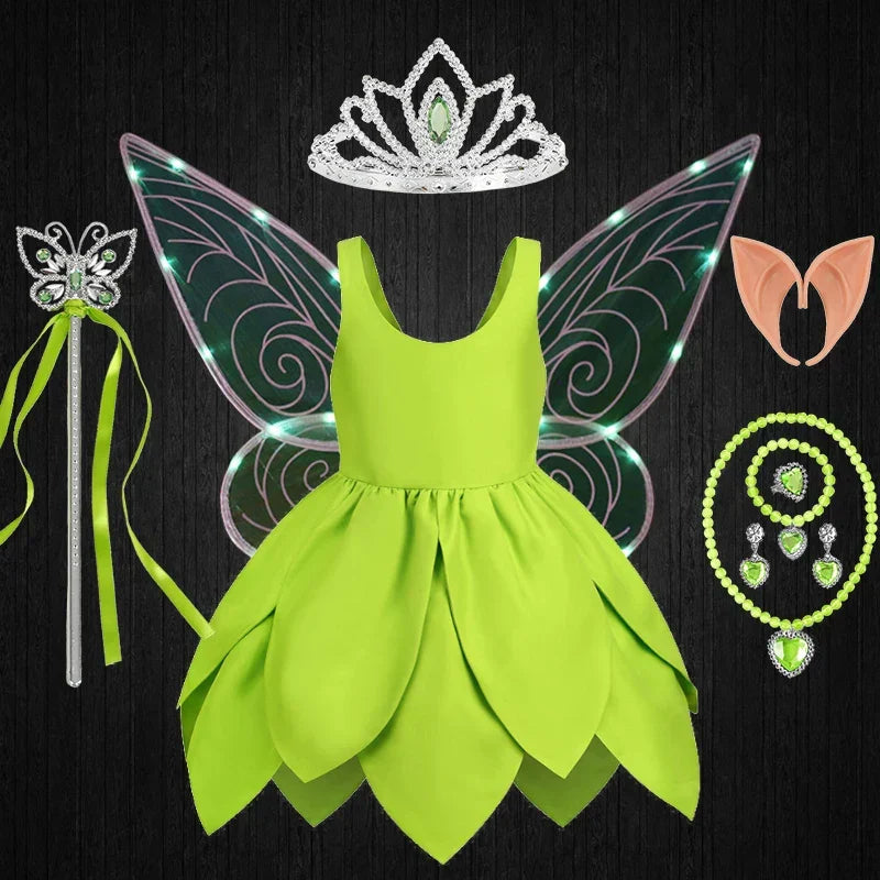 Kids' Tinkerbell fairy costume set, including green dress and wings for imaginative play.