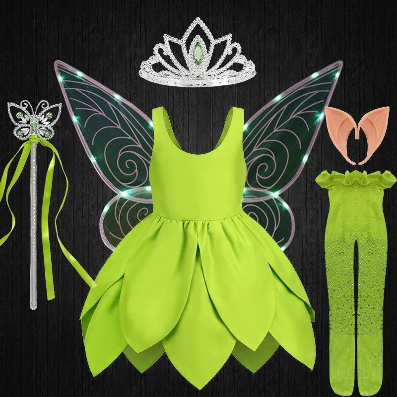 Girls' Tinkerbell party costume, an enchanting fairy dress-up outfit for celebrations.