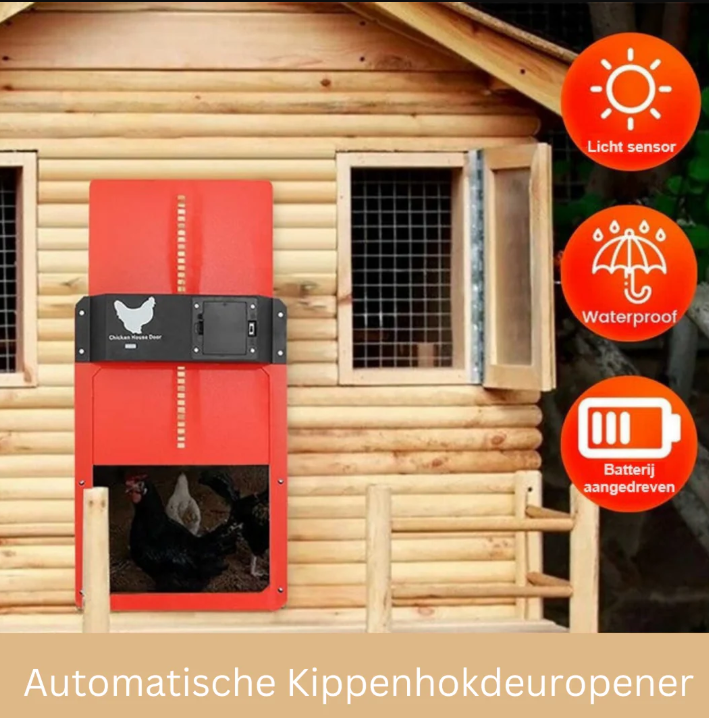Easy-install automatic chicken coop door, solar and battery powered farm equipment for poultry safety.