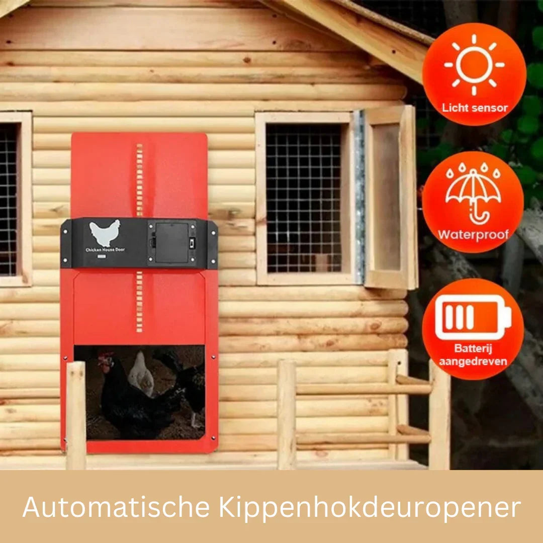 Heavy-duty weatherproof automatic chicken coop door provides ultimate security & protection for poultry & farm animals.