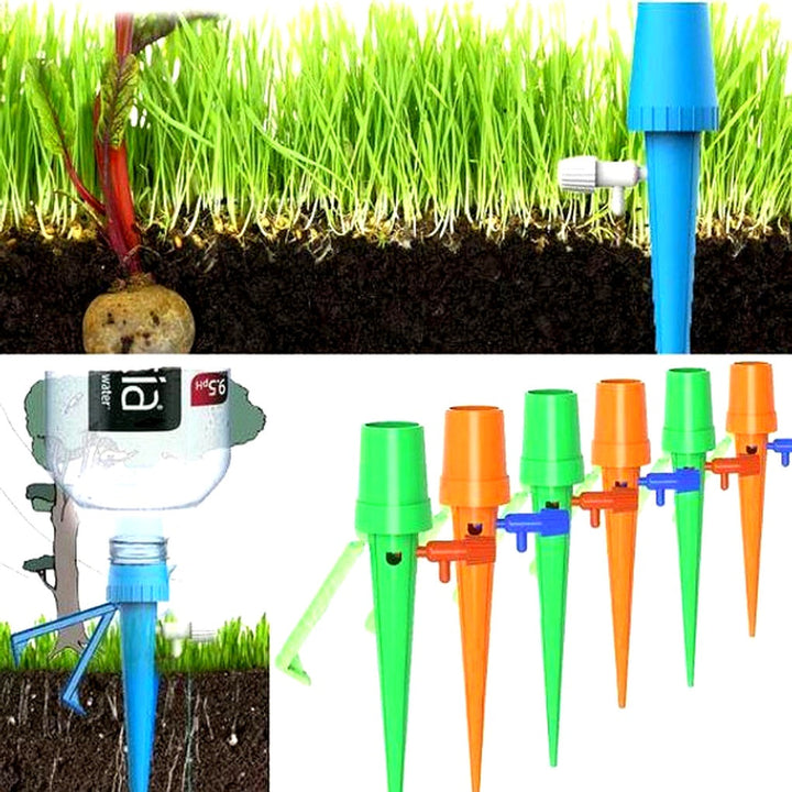 Set of 12 self-watering spikes, an essential garden accessory for consistent plant irrigation & vacation care.