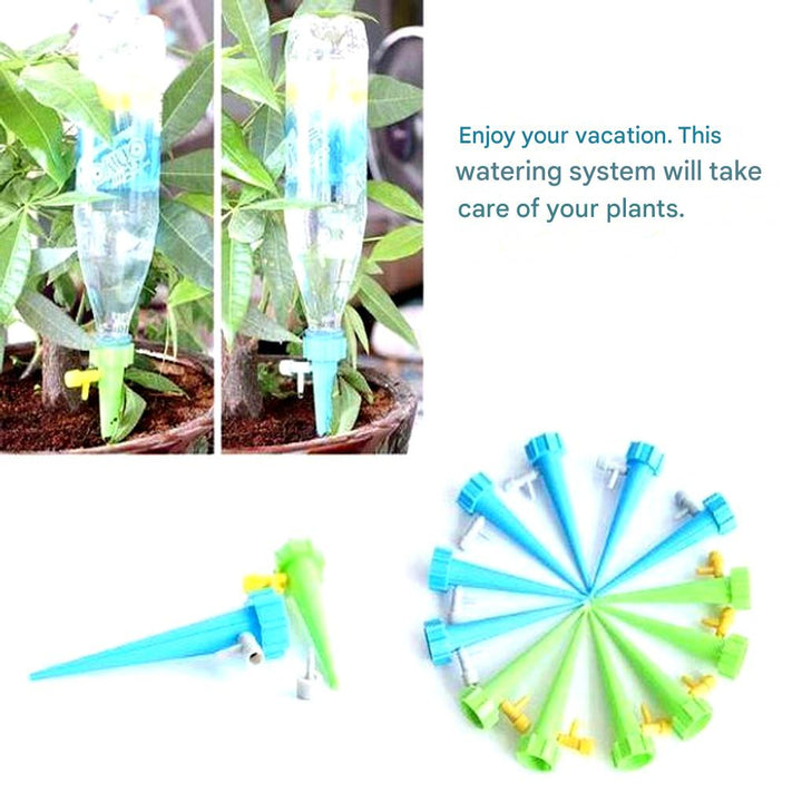 Automatic plant watering spikes, 12-pack, shown installed in a potted plant for hands-free irrigation.