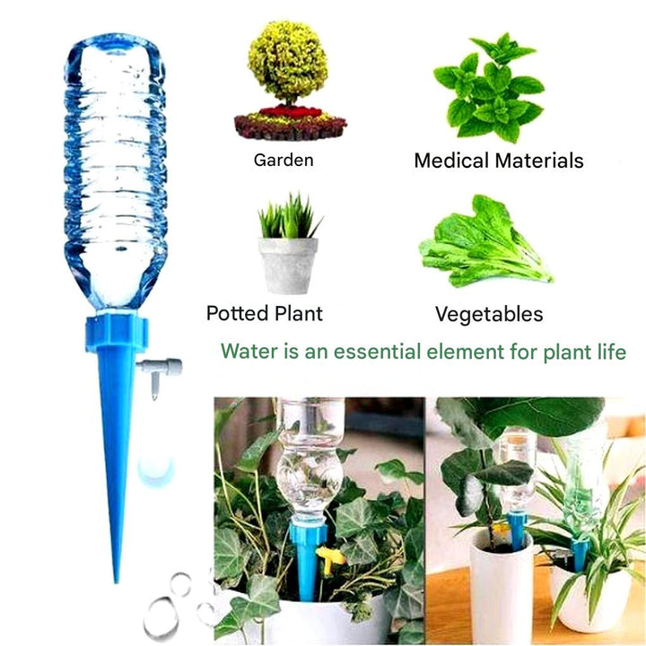 Self-watering plant spikes (12) providing efficient drip irrigation. A smart, eco-friendly solution for garden aid.