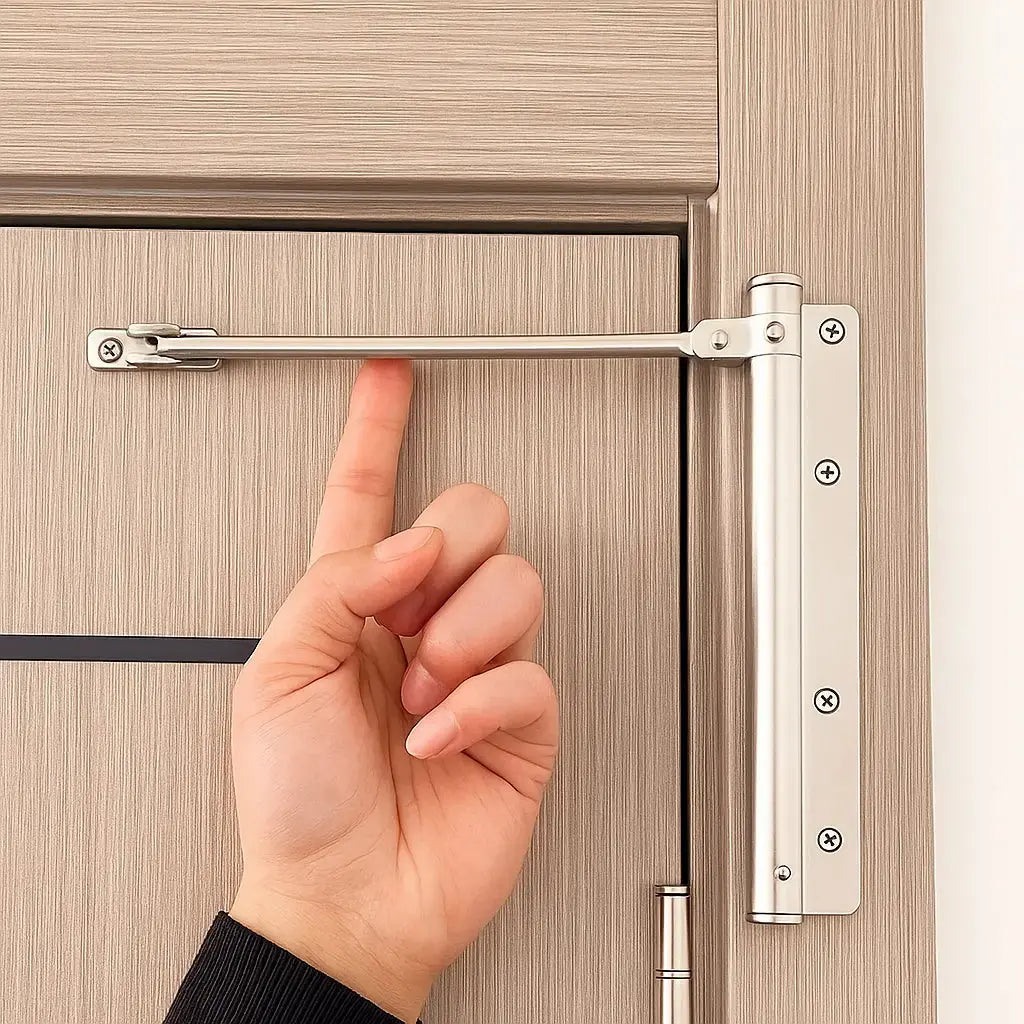 Automatic soft-close door closer, adjustable stainless steel for quiet home & office doors.