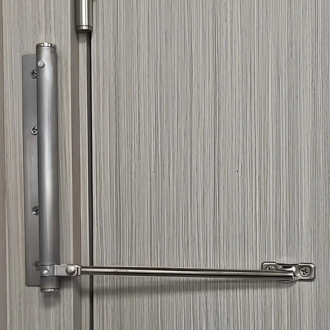 Stainless steel automatic door closer with adjustable soft-close for residential & commercial use.