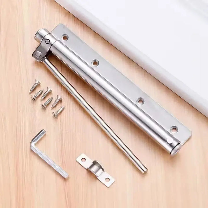 Heavy-duty automatic soft-close door closer in stainless steel, adjustable for quiet door control.