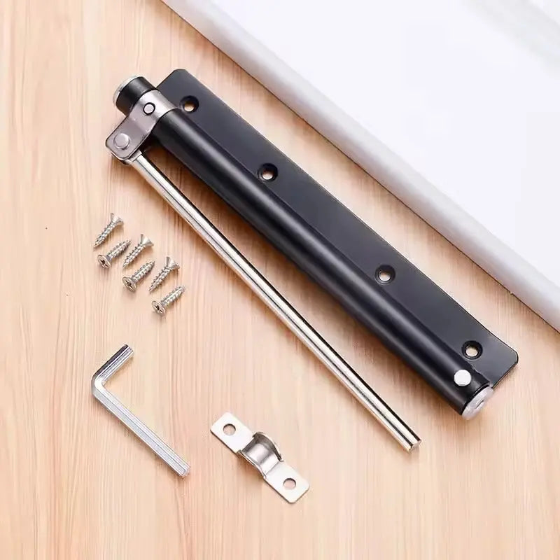 Adjustable stainless steel door closer with automatic soft-close function for smooth door closing.