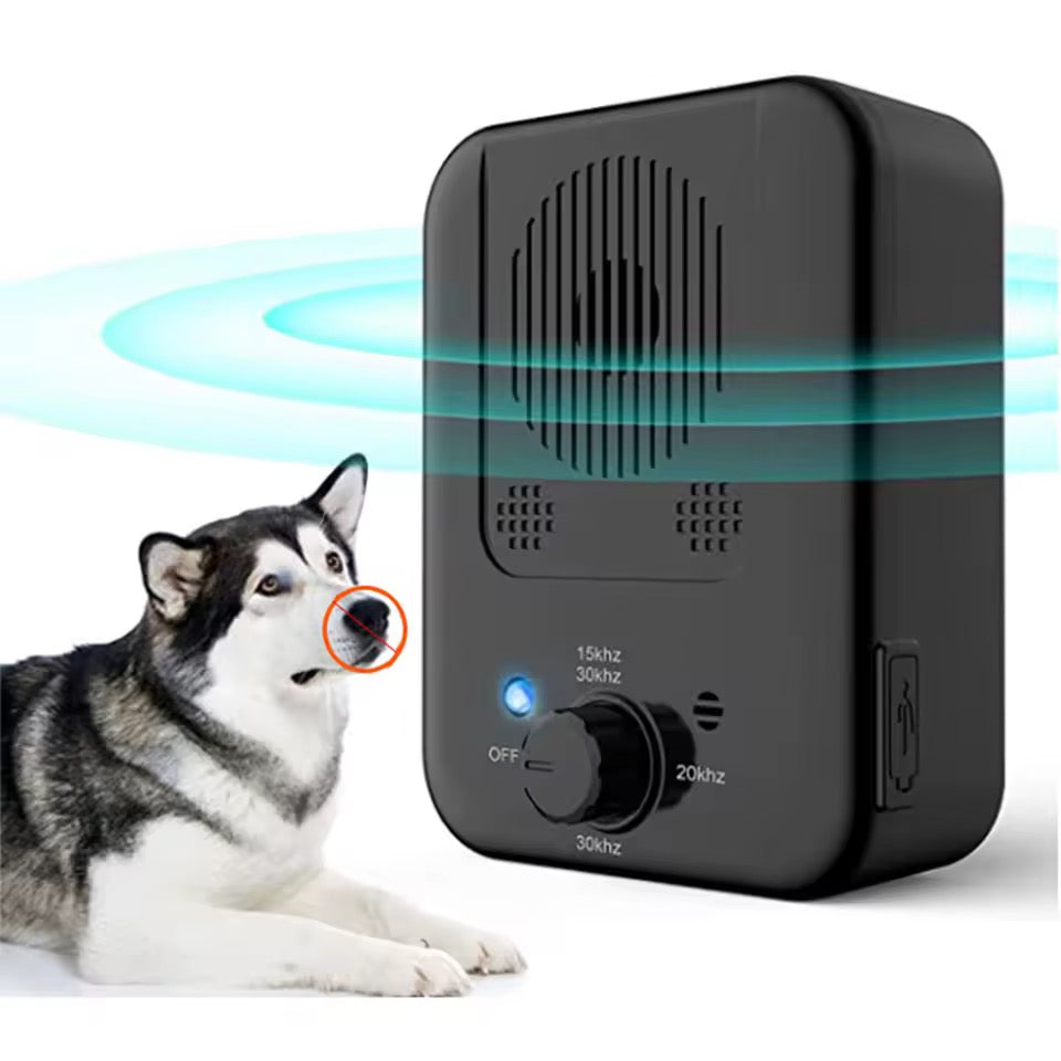 Automatic ultrasonic dog bark control device for outdoor & indoor use, promotes calm pet behavior & quiet.