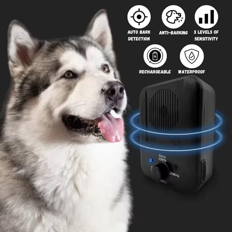 Outdoor/indoor automatic ultrasonic bark control device for dogs. Essential pet training and behavior aid.