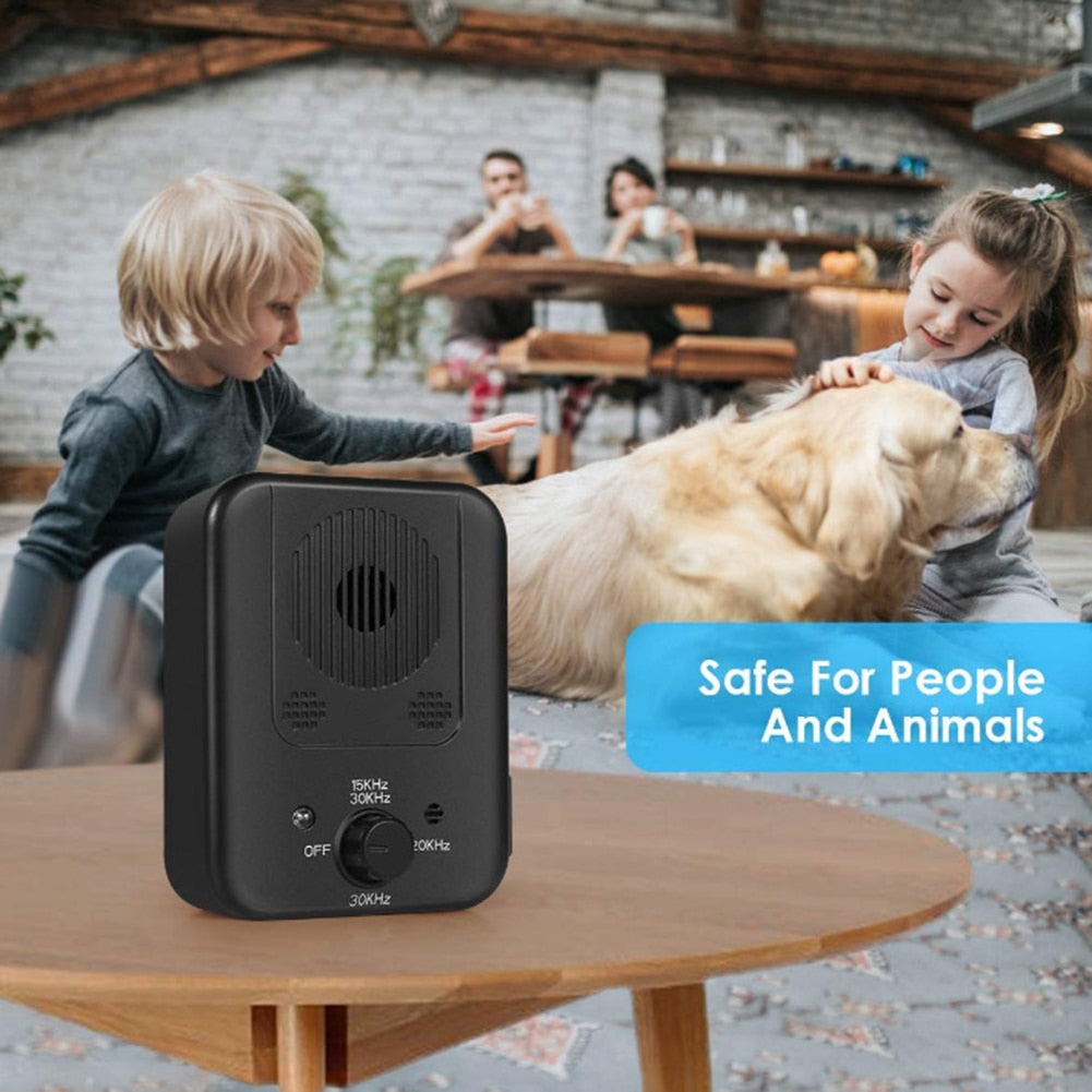 Compact outdoor ultrasonic dog bark control device to deter barking, promotes a peaceful environment.