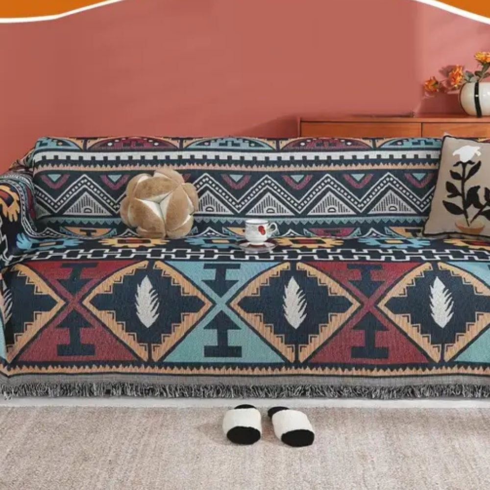 Stylish bohemian Aztec geometric sofa cover enhances living room decor & protects furniture with ease.