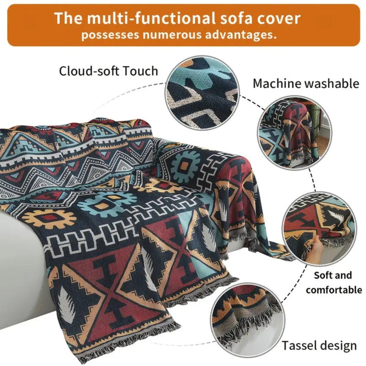 Vibrant Aztec geometric sofa cover with bohemian tassels, perfect microfiber throw for home decor.