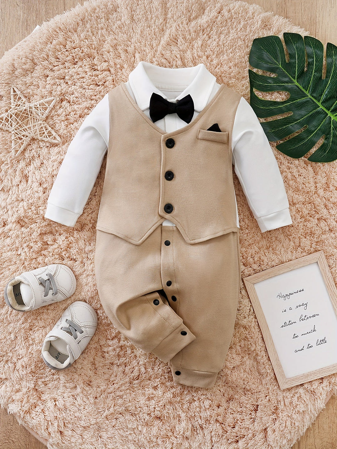 Baby boy's gentleman romper with an adorable attached bow tie, perfect for formal occasions.