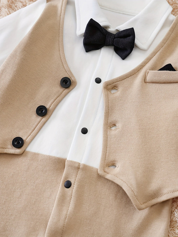 Chic infant gentleman outfit: a baby boy romper in soft cotton, complete with a charming bow tie.