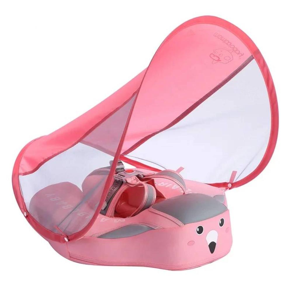 Toddler swim float with adjustable UV protection sunshade canopy; perfect for summer outdoor water play.