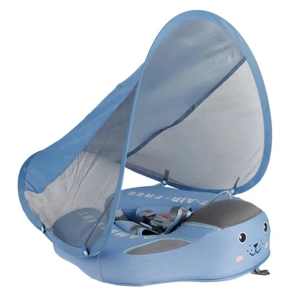Infant baby pool float with secure seat & detachable canopy, ideal for first swims & water safety.
