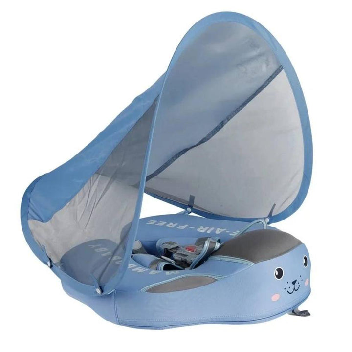 Infant baby pool float with secure seat & detachable canopy, ideal for first swims & water safety.