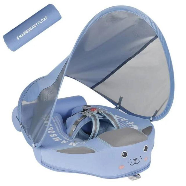 Durable baby swim training float with ergonomic design, safety straps, and protective sunshade canopy.
