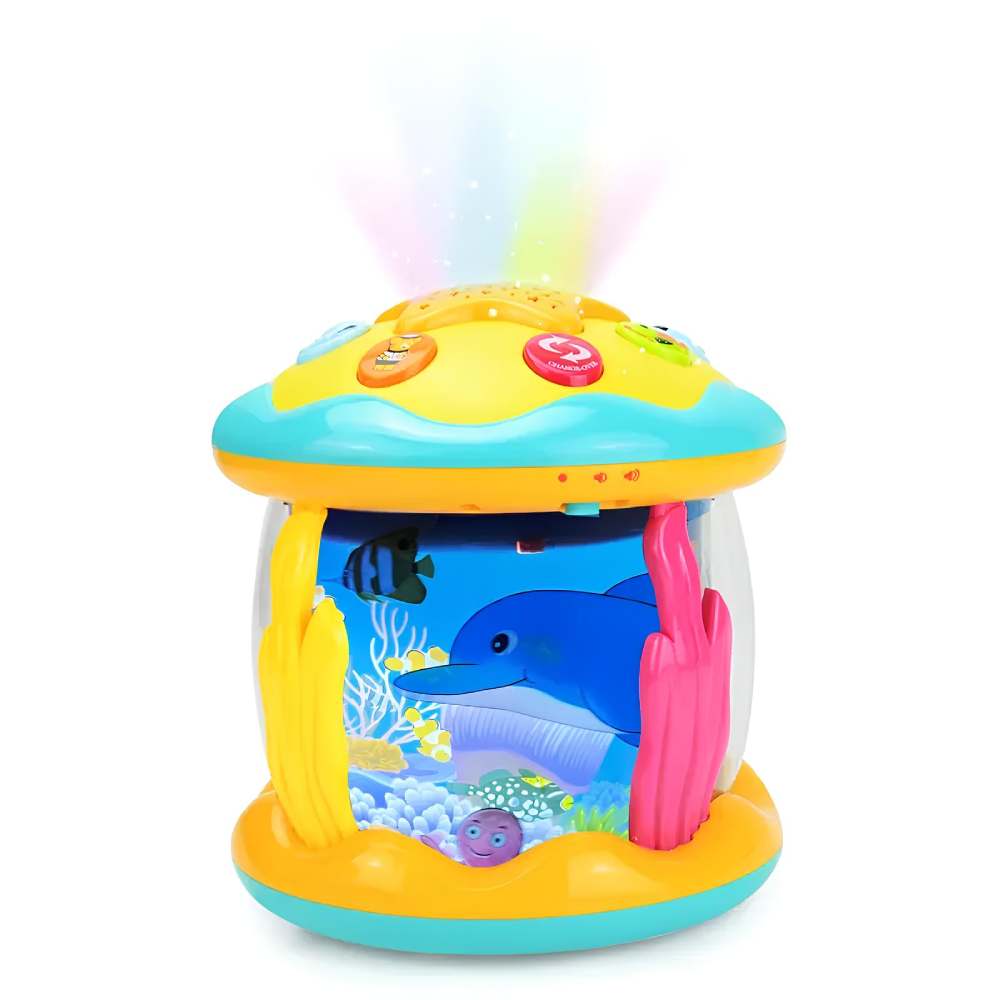 Baby musical projector toy with soothing starry night light for infants & toddlers. Gentle melodies & visual stimulation.