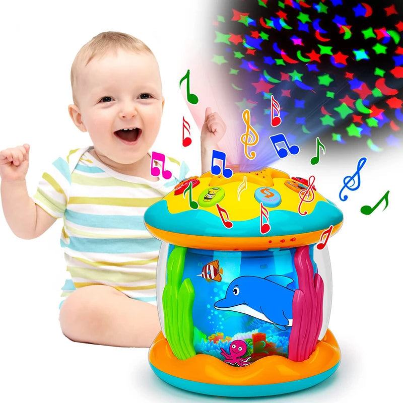 Toddler musical night light projector with gentle lights & sounds. Developmental baby toy for calming sensory experience.