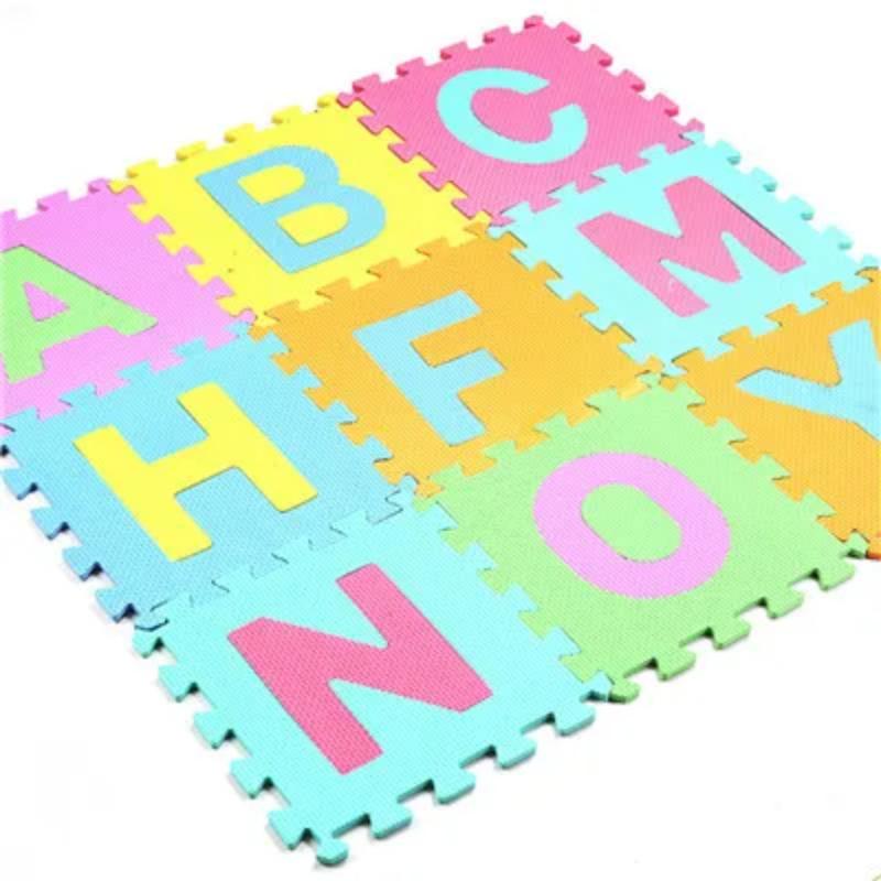 Close-up of interlocking EVA foam puzzle mat tiles, waterproof and non-slip for safe children's play.