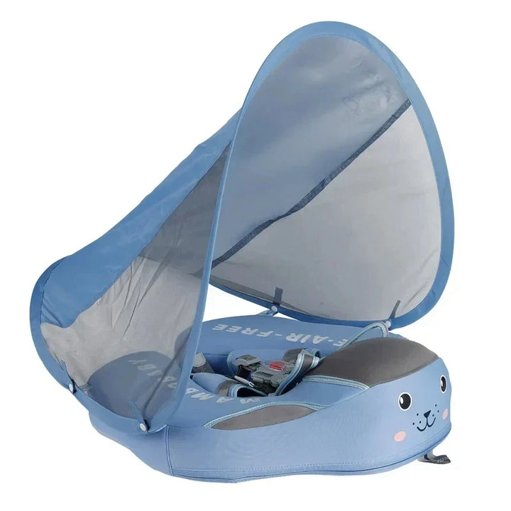 Toddler swim float with removable sunshade provides excellent UV protection for babies at the pool or beach.