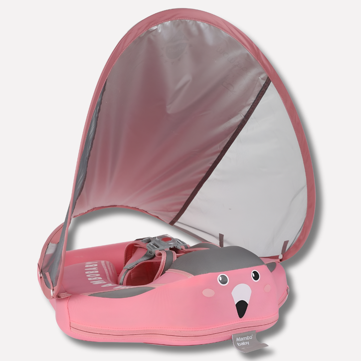 Infant swim aid, secure baby pool float for toddlers. Features comfortable seat & sunshade for water safety.