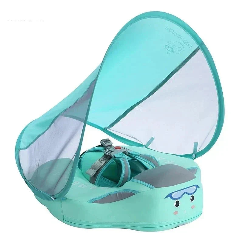 Kids water toy: bright baby swim ring with sunshade, ideal for summer fun at the pool, offers UV protection.