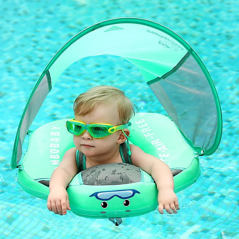 Blue baby toddler swim ring with sunshade, a fun pool float for infants, ensuring UV protection & water safety.