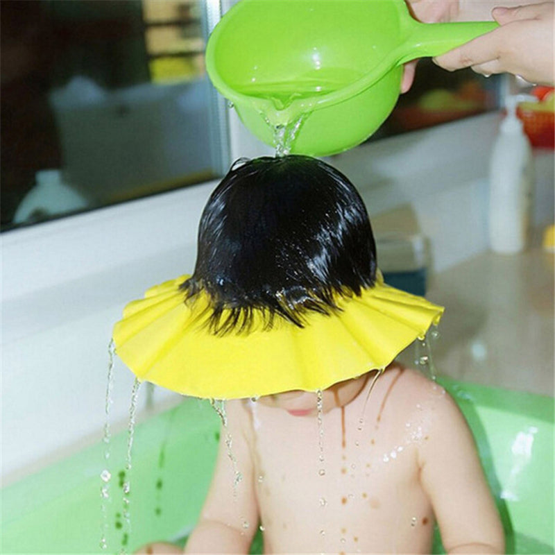 Adjustable EVA plastic baby bath cap. Shampoo shield protects child's eyes & ears during bath time. Kids hygiene.
