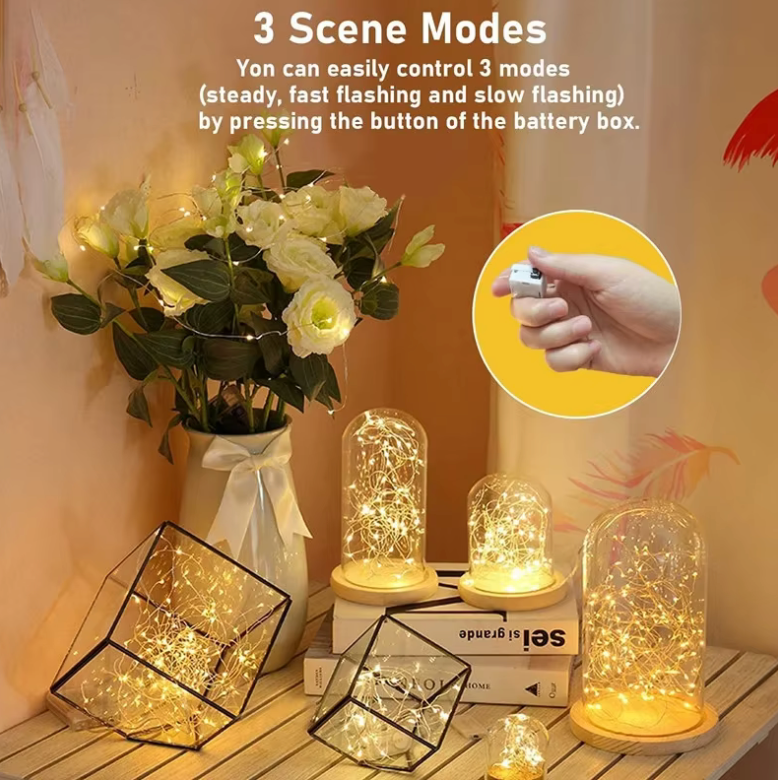 Flexible battery-operated warm white fairy lights for DIY home decor, creating a magical ambiance effortlessly.