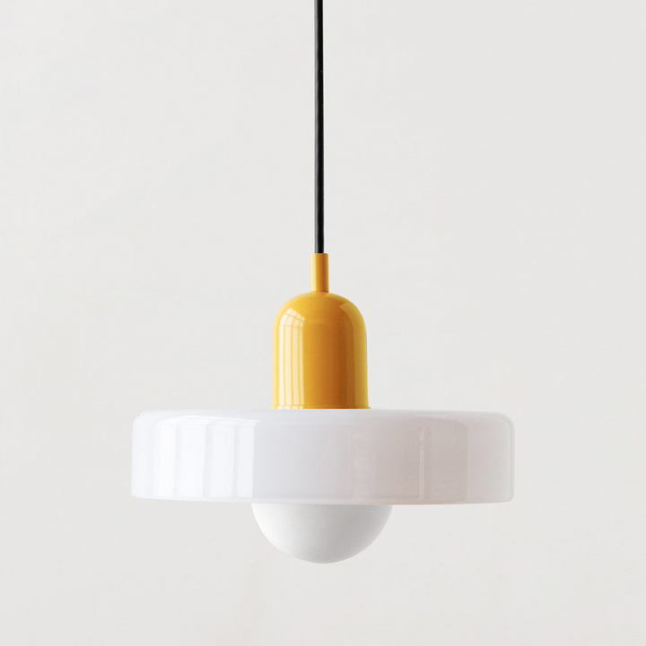 Artistic Bauhaus hanging light, multi-colored glass, ideal for modern dining rooms.