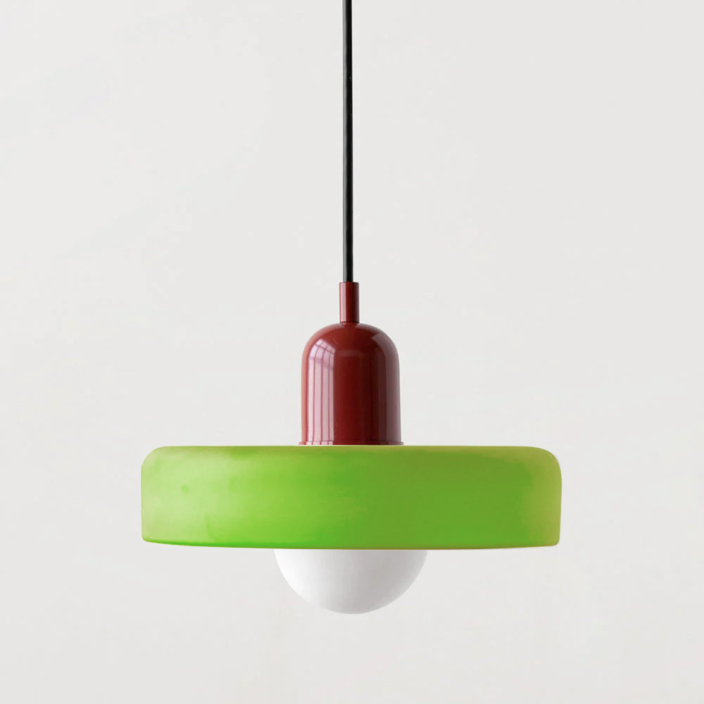 Contemporary Bauhaus pendant lamp, elegant colored glass, warm light home decor.