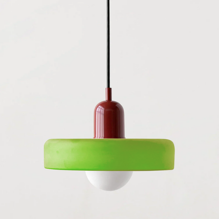 Contemporary Bauhaus pendant lamp, elegant colored glass, warm light home decor.