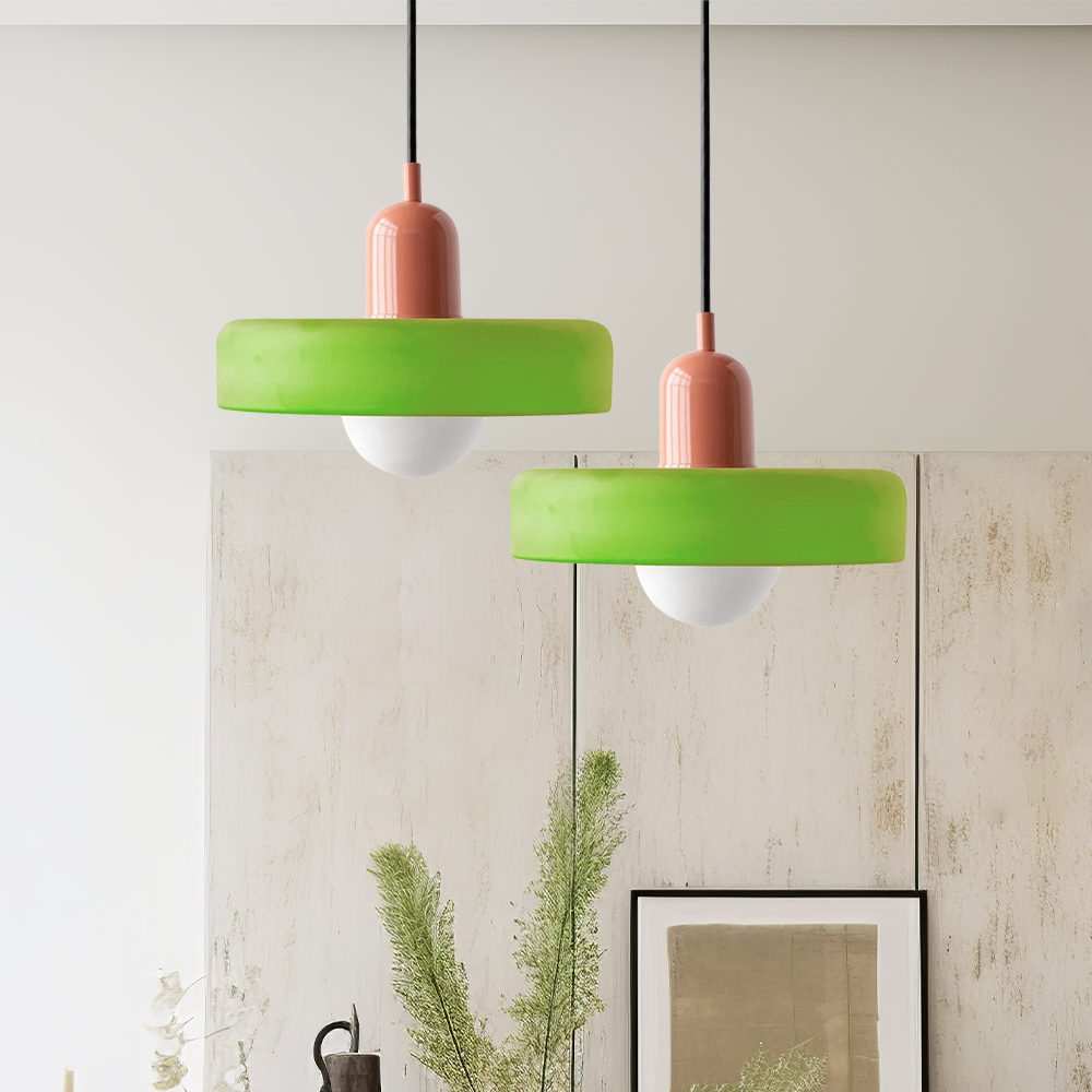 Modern Bauhaus ceiling light, artistic colored glass, designer hanging fixture.