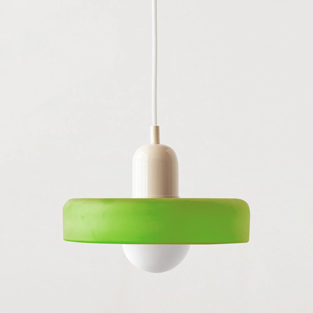 Designer Bauhaus pendant lamp, warm light colored glass, modern living room fixture.