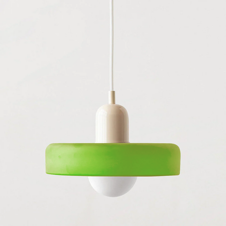 Designer Bauhaus pendant lamp, warm light colored glass, modern living room fixture.