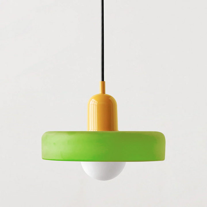 Elegant Bauhaus colored glass hanging lamp, artistic modern home lighting solution.