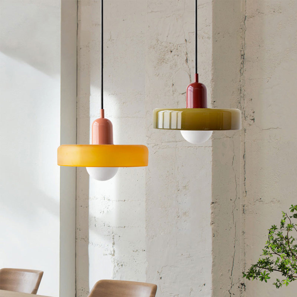 Artistic Bauhaus pendant lamp with vibrant colored glass, contemporary ceiling light.