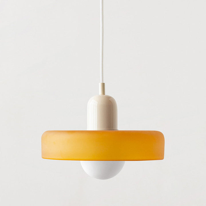 Vibrant Bauhaus pendant lamp, artistic colored glass, contemporary home lighting.