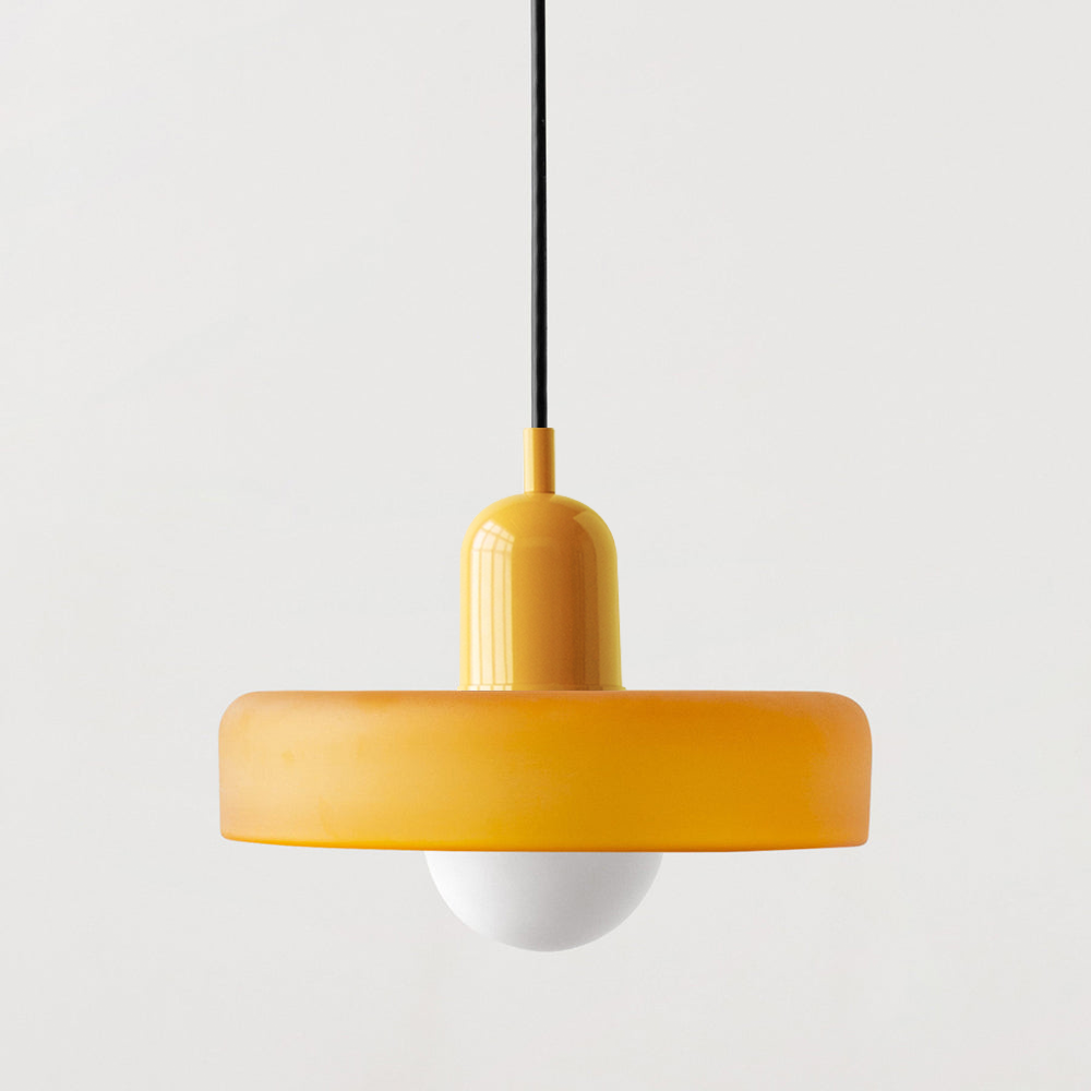Designer Bauhaus hanging light, colored glass, modern pendant for living spaces.