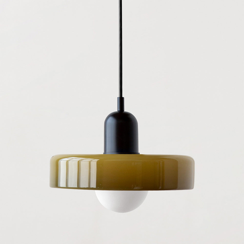 Modern Bauhaus pendant light, artistic colored glass, designer ceiling fixture.