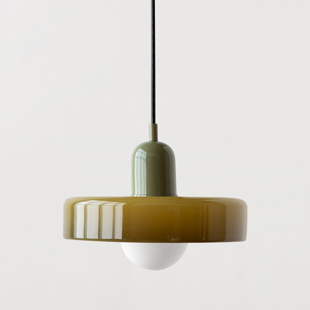 Chic colored glass Bauhaus pendant, artistic hanging lamp for modern interiors.