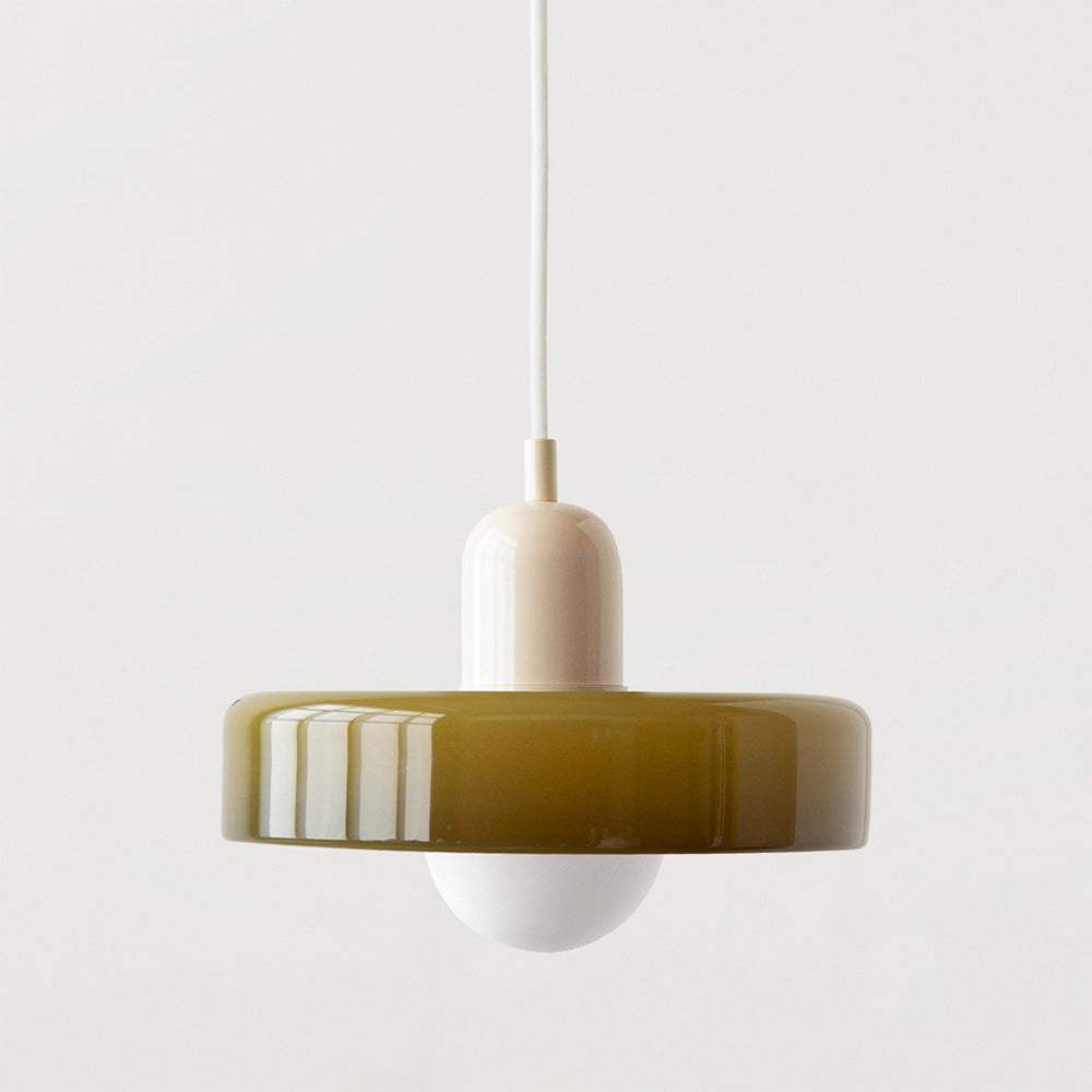 Bauhaus artistic colored glass pendant, warm light, contemporary home lighting.