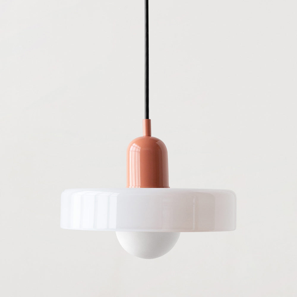 Modern Bauhaus hanging light, designer colored glass pendant for living room interior.