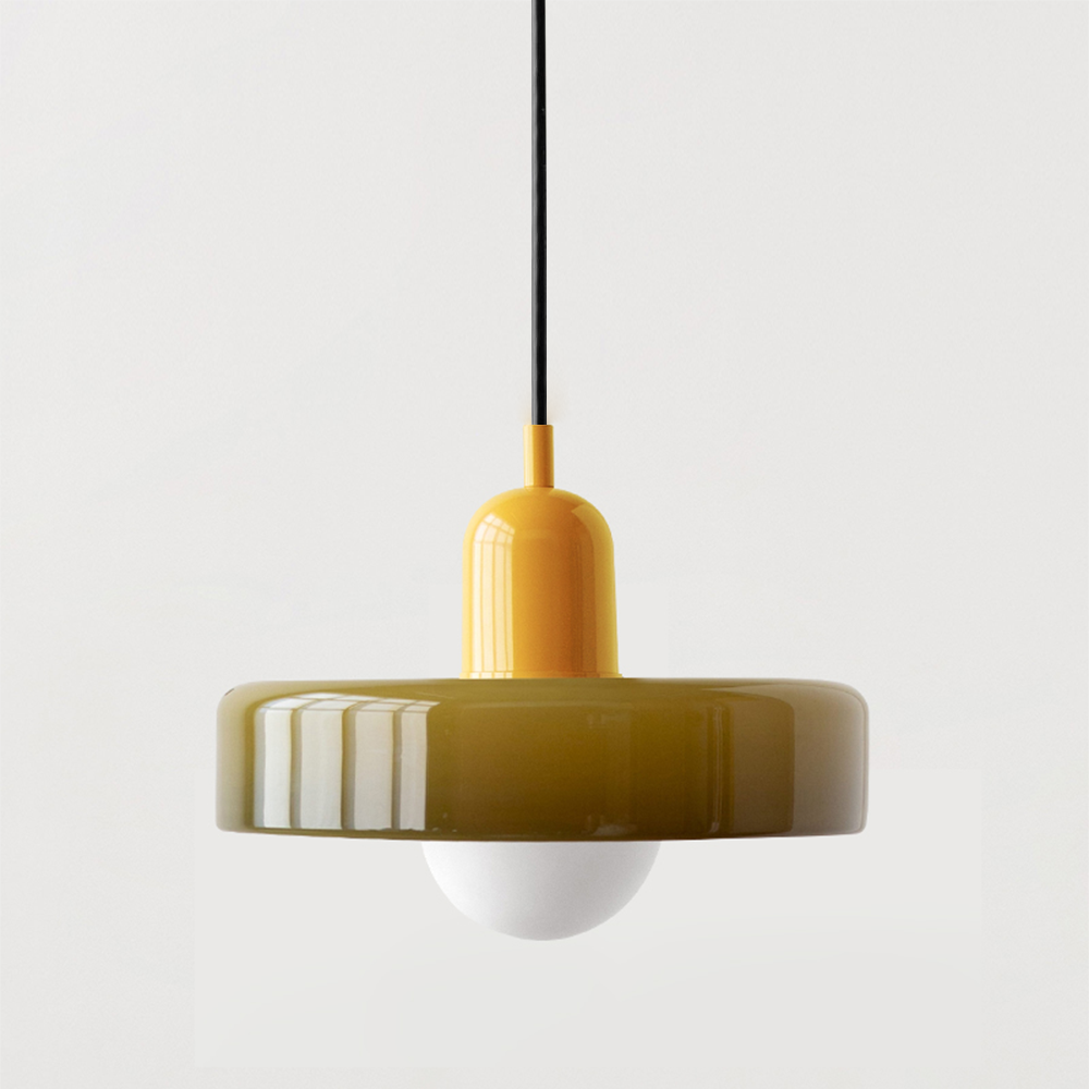 Designer Bauhaus pendant lamp, vibrant colored glass, modern hanging light.