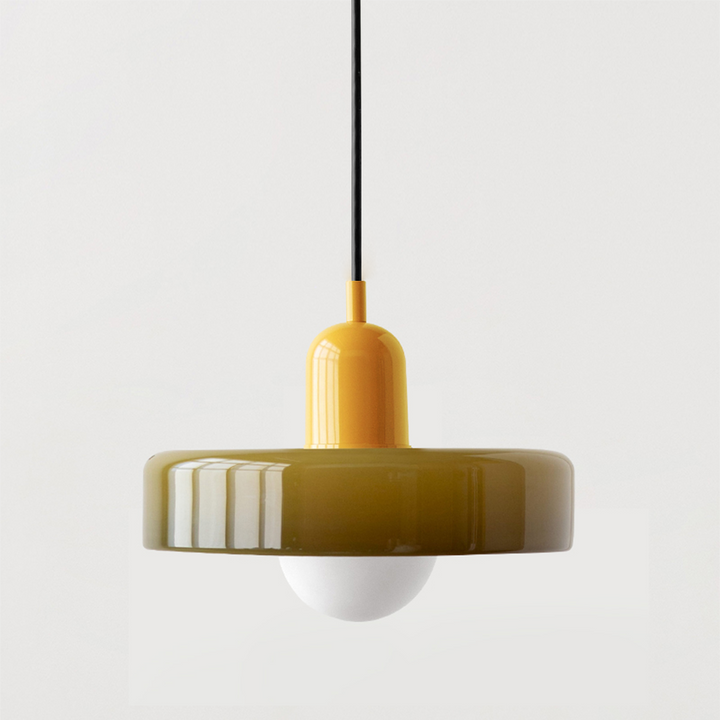 Designer Bauhaus pendant lamp, vibrant colored glass, modern hanging light.