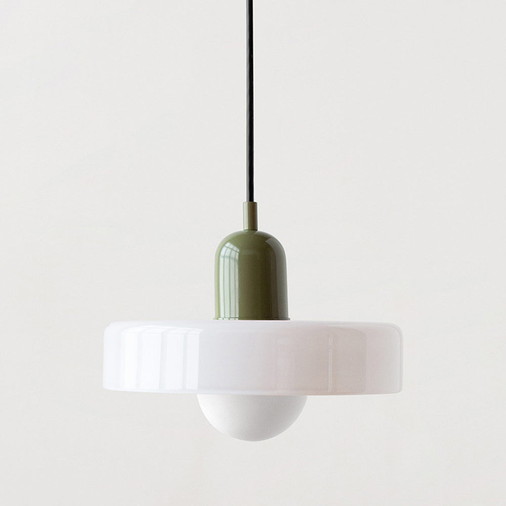 Contemporary colored glass Bauhaus pendant, warm light hanging fixture for dining.