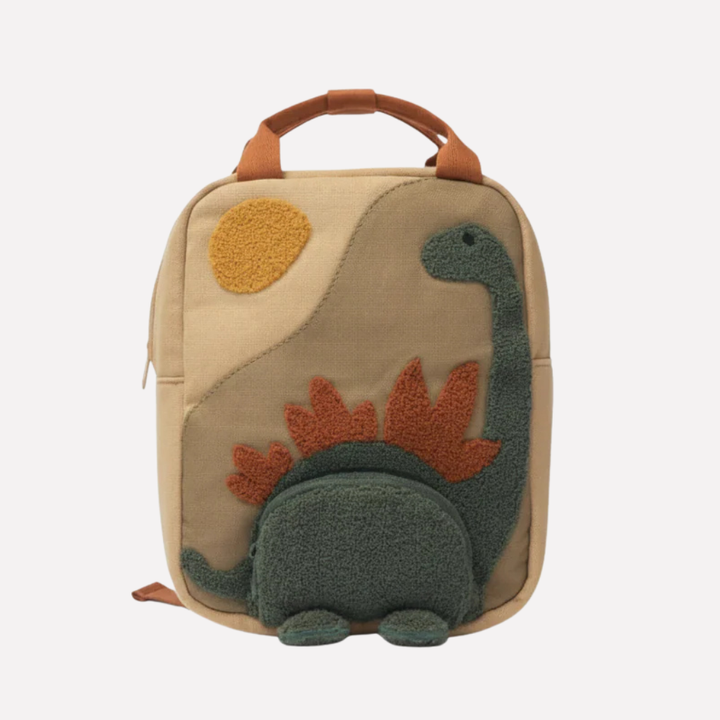 Beige kids' daily backpack with playful design, perfect for school or travel. Features adjustable straps for comfort.