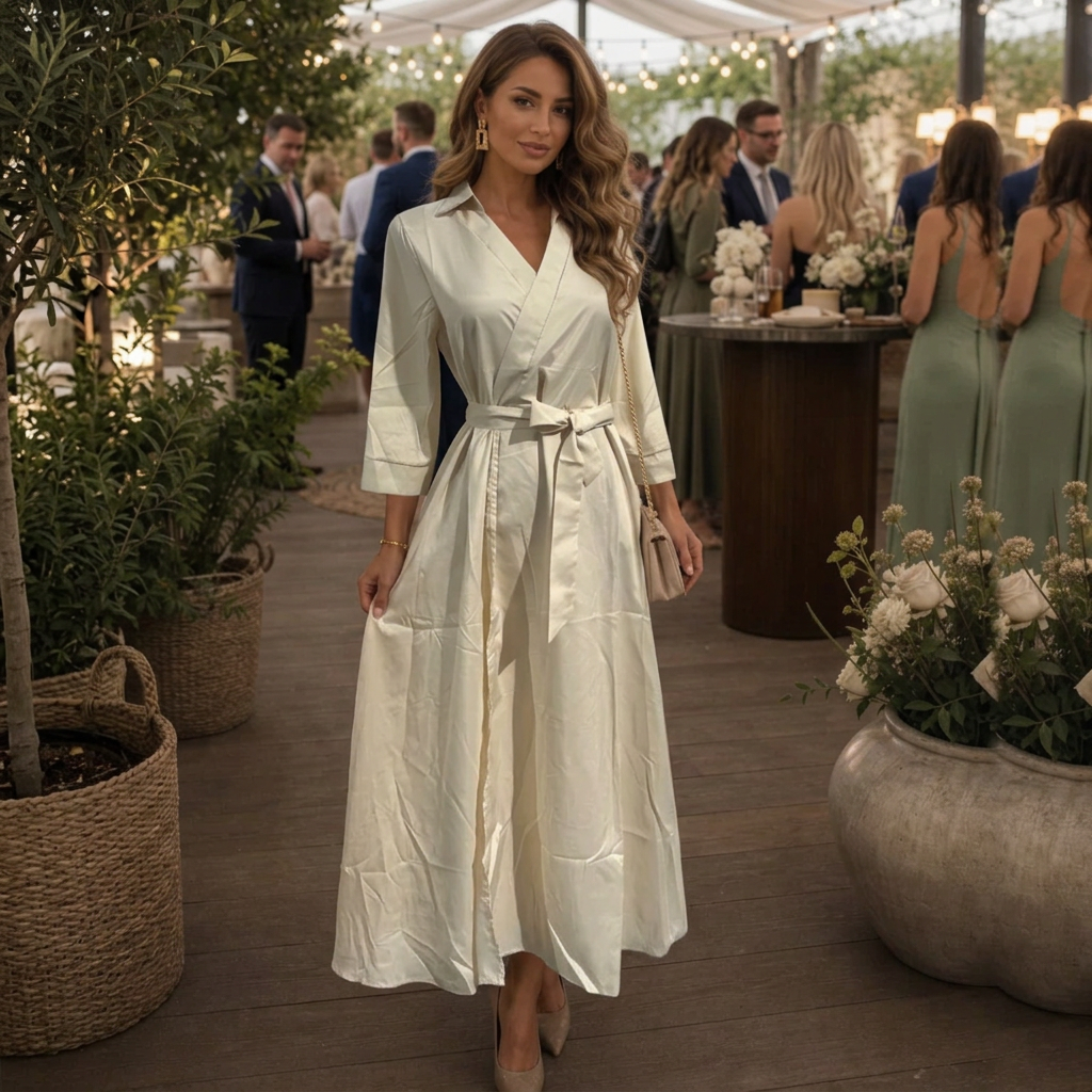 Beige women's short sleeve collared wrap midi dress, perfect for elegant everyday wear or casual spring/summer style.
